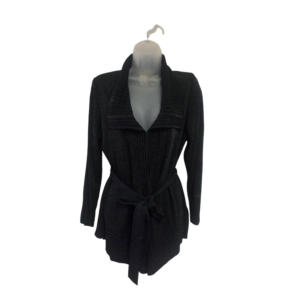 Exclusively Misook Womens Small Charcoal Gray Belted Shawl Collar Knit Cardigan